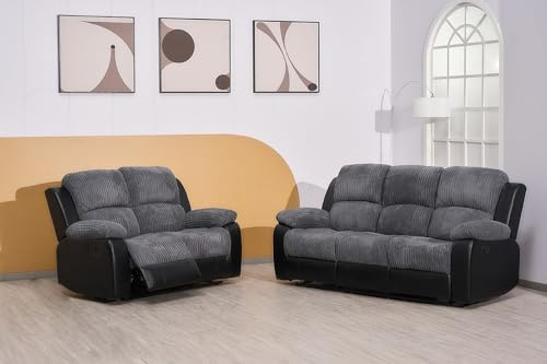 SofaHeaven - Recliner Black/Grey Jumbo Cord Fabric 3+2 Seater Sofa - Manual Recliner Sofa for Living Room Furniture