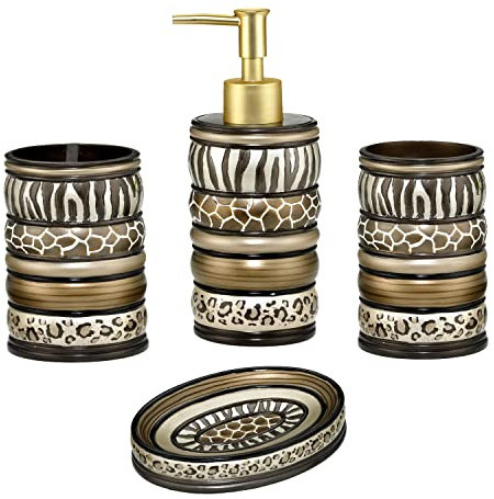 Zahari Home 4-teiliges Safari-Streifen-Set, stilvolles Badezimmer-Zubehör-Set, Handseifenspender, Becher, Zahnbürstenhalter und Seifenschale, modern, einzigartiges Design, stilvolles Bad-Set