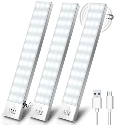 Schrankbeleuchtung LED 3 Stück Lampen Ohne Bohren mit Bewegungsmelder Innen, Unterbauleuchte Batteriebetrieben, Nachtlicht Vitrinenbeleuchtung mit Akku für Kleiderschrank, Küche, TreppeKofferraum, RV