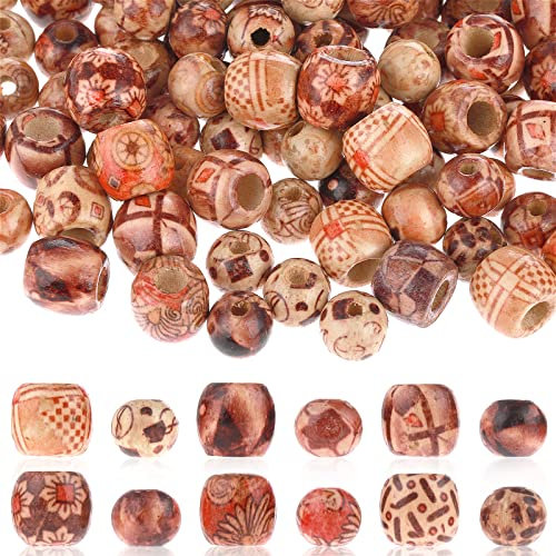 200 Stück Holzperlen, Makramee bedruckte Holzperlen, lose Abstandshalter-Holzperlen, Haarperlen für Zöpfe, runde Holzperlen zum Basteln von Armbändern