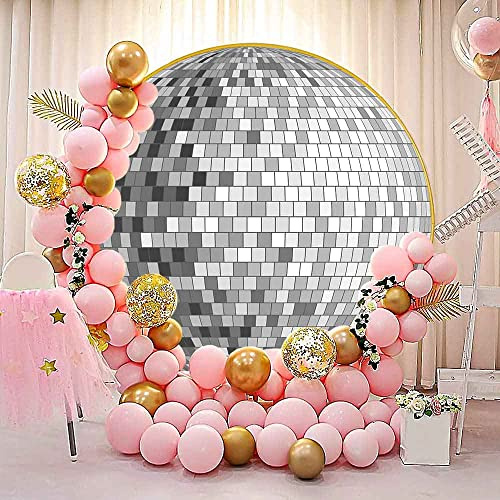 PHMOJEN Silver Mirror Ball Round Backdrop Cover, 7.2ft Polyester 70s Disco Party Circle Backdrop, Chic Circular Dance Party Banner Decor Photo Booth Prop YMBXTPH156