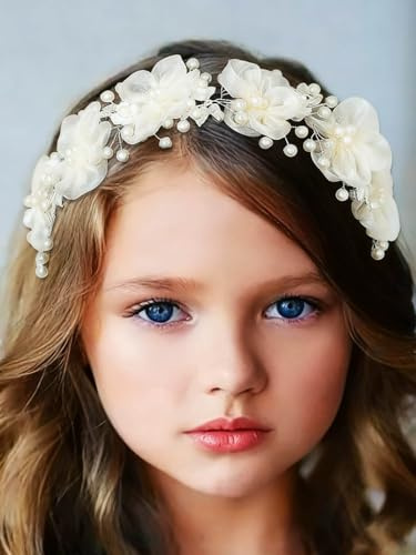 IYOU Blumenmädchen Hochzeit Kopfschmuck Elfenbein Blumen Stirnband Perle Prinzessin Headband Kommunion Haarschmuck für Mädchen