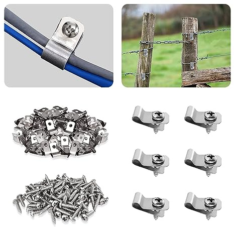 Fence Wire Clamps Agricultural Fencing Mounting Clips with 50 Pcs Stainless Steel Screws Stainless Steel Wire Clips Cord Clamp for Mount 12-16 Gauge Welded Wire to Wood (50)
