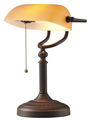 Newrays Lámpara de escritorio de banqueros de vidrio ámbar con interruptor de cadena de tracción, accesorio de enchufe