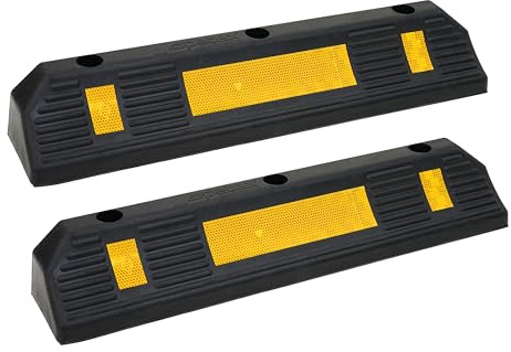 PETEX 2X Radstopper/Garagenstoppper mit gelben Reflexionsstreifen nach ECE R 104 für Garage und Parkplätze, 58,7 x 12 x 9,5 cm, Einparkhilfe aus Gummi, schwarz
