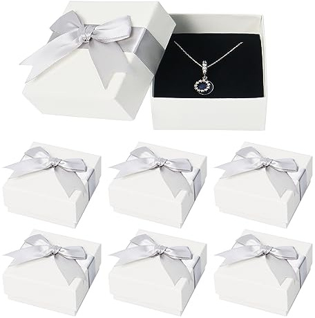 6 Stück Geschenkbox mit Deckel für Schmuck, 7,5× 7,5× 3,5 cm Geschenkbox Schmuck Geschenkschachtel Klein mit Schleife für Halskette, Ohrringe, Ring(Grau)