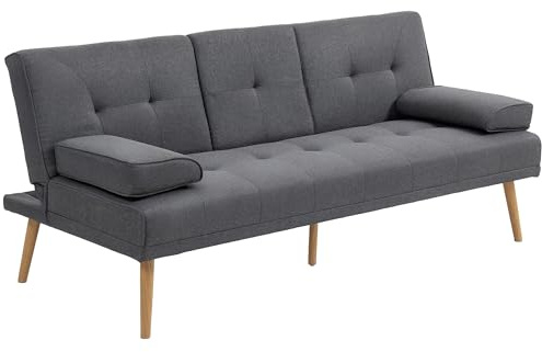HOMCOM Sofá Cama 3 Plazas, Mesa Abatible con 2 Soportes para Vasos, 181x77x78 cm, Sofá Cama con Respaldo Ajustable, Apertura Clik-Clak, Reposabrazos Desmontables, Patas de Madera, Gris Oscuro