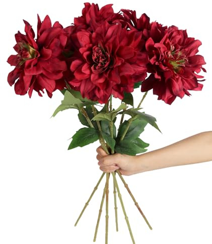 INSUNSIX Dahlia Artificial Flowers,6PCS Burgundy Flowers 23.62 Silk Dahlia Flowers with Stems for Wedding Party Home Decorations(Dark Red)