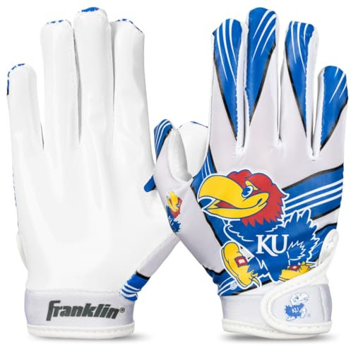 Franklin Sports Kansas Jayhawks Kids Football Recipient Gloves - Official NCAA College Team Football Gloves - Silicone Palm Gloves for Kids Ages 7-10 - Teenagers