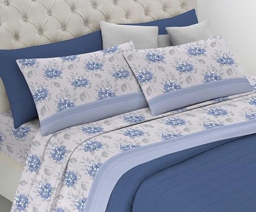 Riad Arredo Set Completo Letto in Flanella 100% Caldo Cotone Antipalline - Completo Lenzuola Morbide - Made In Italy (Ortensia Azzurro, Una piazza e mezzo)