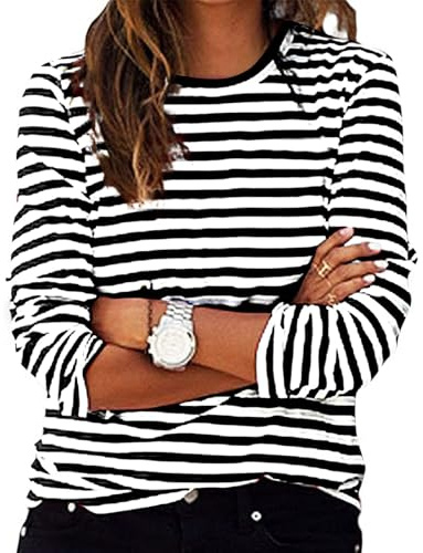 Ladies Striped Tops 2025 Spring Long Sleeve Crewneck Shirts UK Fashion Lightweight Pullover Blouse Dressy Casual Loose Fit Shirts Womens Comfy Going Out Tee Shirts