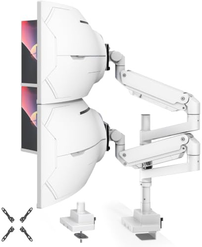 PUTORSEN Monitor Halterung 2 Monitore übereinander für 24-57 Zoll Bildschirme bis 27 kg pro Arm, für Vertikal/Parallel Bildschirme, VESA 75/100/200mm, weiß