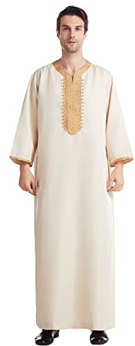 CCOOfhhc Abaya Herren Langarm Thobe Herren Knopf Hoch Jelaba Hemd Robe Mittelalter Nachthemd Für Männer Ferace Lange Ärmel Kaftan Muslimische Kleider Baumwolle Leinen Jalabiya Lose Muslim Kleid Robe