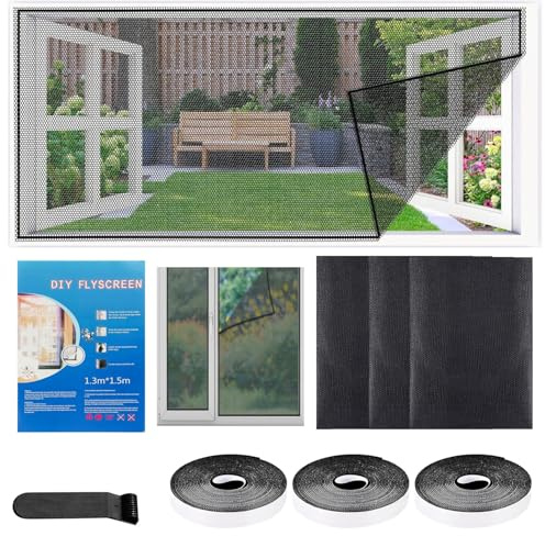 Fliegengitter für Fenster,150 x 200cm Schwarz Encrypted Insektenschutz Fenster,Fliegennetz Fenster ohne Bohren,DIY-Größe Mückennetz Fenster, mit Gesteigerte höherer Klebkraft Klettband