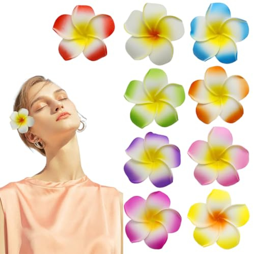 OHREN 9 Stück Haarspangen mit Blumen, Hawaii, Plumeria, Boho Tropen, Urlaub, für Damen, Strandparty, mit künstlichen Blumen