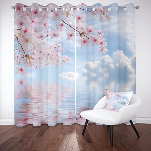 Dpvbffx Kirschblüten Vorhang mit Ösen 2er Set | Blumen Landschaft Blackout Curtain Lärmschutzvorhang, Natur Frühling Scenery Gardinen Blickdicht 180 cm Lang 70 cm Breit fur