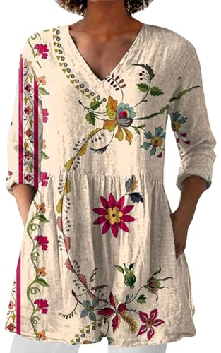 Leinenbluse Damen, Blusenshirt Langarm Sommer Leinen Shirt Sommerblusen Leicht Strand Tunika Luftig Boho Elegante Oberteile Tshirt Longshirt Blusen & Tuniken Für Damen