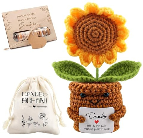 WDJLNZB Pocket Hug Positive Sonnenblume mit Holz-Karte & Baumwolltasche, Kleines Dankeschön Geschenk für Lehrerin Kollegen Freunde, Glücksbringer Mutmacher Geschenk für Beste Freundin