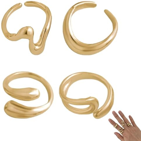 4 PCS Chunky Gold Rings Set, Adjustable Rings Women Set Gold Adjustable Ring for Women, Trendy Irregular Ring Jewellery Suitable for Daily Wear Party Gatherings Birthday Gifts