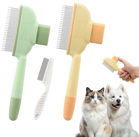 Holtrae 2 Stück Katzenbürste mit 1 Flohkamm Fellblitz Bürste Katze für Hunde und Katzen Selbstreinigende Katzenbürste mit Auslöseknopf Katzenkamm Für Langhaarige Katzen Kurzhaar (Grün/Gelb)
