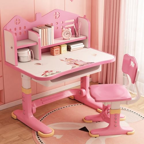 Tifemap Ensemble de Bureau Enfant, Table Enfant avec Chaise, Bureau Enfants Fille avec Panneau Arrière de Château, Bureaus Élargi, Étagère et Tiroir de Rangement (Rose)