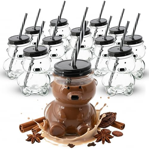Novaliv 12x Tassen Glühwein 300 ml Personalisierte Weihnachtstasse mit Trinkhalm - Bär als Glühweinbecher - Bärchen Motiv Tasse Tannenbaum Weihnachtstassen Handwärmer mugs