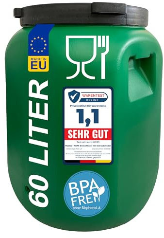 plasteo Barril de boca ancha, 60 L, apto para alimentos, resistente HDPE, barril universal con tapón de rosca, para alimentos, almacenamiento y transporte, color verde, rectangular