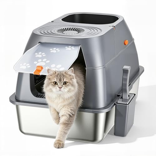 Cat Litter Box 60 * 40 * 43cm, Enclosed Stainless Steel Cat Litter Box with Lid & Drawer Design, Litter Tray with lid for Indoor Cats, Baffles for Anti-Leakage, with Scoop & Mat, No Smell (Grey)