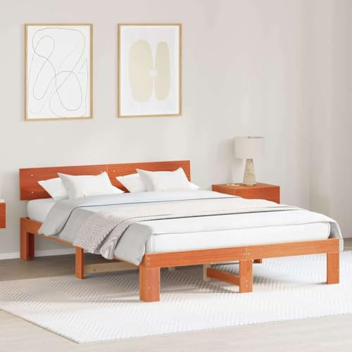 Bucmath Bettrahmen Wachsbraun 140x200cm, Massives Kiefernholz, Modernes Design, Stabiles Holzbett mit Lattenrost, Langlebiges Möbelstück für Schlafzimmer