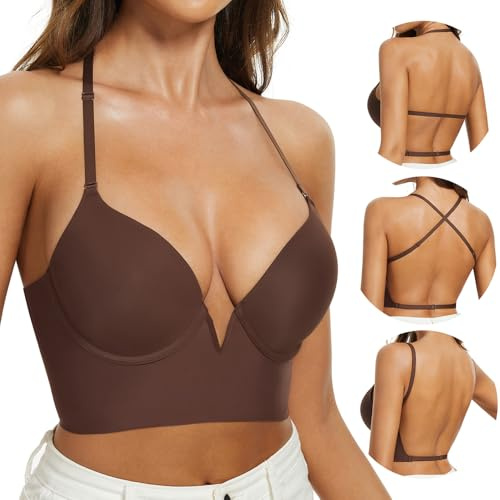 MimiChic Sujetadores de Espalda Baja-sin Costuras, Escote en Pico Profundo, Invisibles sin Espalda, con Relleno Ligero, multifuncionales y Tipo Halter