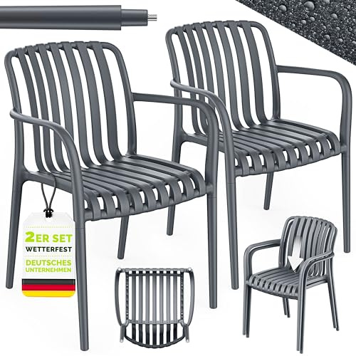 tillvex® Gartenstühle 2er Set Stapelbar Wetterfest mit Armlehne bis 120kg | Outdoor Stühle UV-beständig | Gartenstühle Balkonstuhl Outdoor Kunststoff | Terrassenstuhl Gartenmöbel Balkon Garten Terrasse