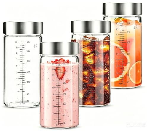 4er Glasflaschen 300ml mit Edelstahl Deckel, Smoothie Gläser Sets mit Messskala, Smoothie Becher to go Wiederverwendbar Glaswasserflasche für Säfte Smoothies Kaffee Milch Tee Glasflaschen zum Befüllen