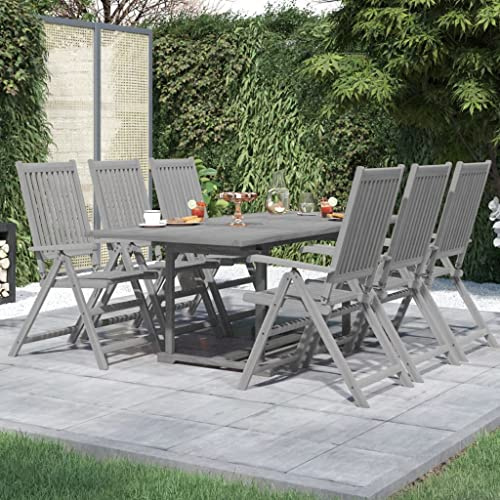 sephironlbb 7-TLG Garten-Essgruppe Massivholz Akazie Grau, Ausziehtisch 150-200 cm, 6 Klappstühle Verstellbar, Wetterfestes Gartenmöbel Set für Balkon Terrasse Outdoor, Platzsparend und Pflegeleicht