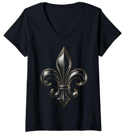 Femme Fleur de lys Noire ornée d'emblème héraldique T-Shirt avec Col en V