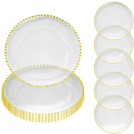 WedDecor Charger Plate Clear Glass with Gold Beads 33cm, 12pcs | Centerpiece Polypropylene Presentation Plate Set Dinner Table Decorations Weddings Christmas Dining Parties Tableware