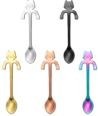 Lezed Katze Kaffeelöffel, Katzen Kaffee Löffel, Katze Teelöffel Dessertlöffel, Nachmittagsteelöffel, Edelstahl Kätzchen Hängendes Design für Tee, Milch, Kaffee, Dessert, Drink, Milchshake 5 Stück