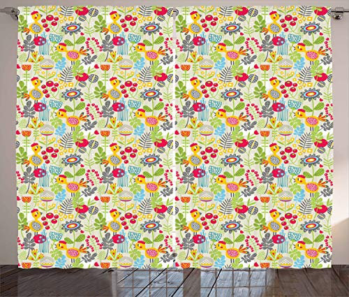 ABAKUHAUS Infantile Tenda, Nursery Bird And Flowers, per Camera da Letto Due Pannelli Set, 280 x 260 cm, Multicolore