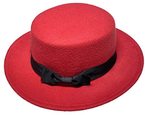 JK Home Damen Herren Filzmütze mit breiter Krempe, flache Oberseite, Retro, 1920er-Jahre, Kirche, Derby, Cloche, Trilby, Fedora, Bowler, Hut und Schleife, Rot mit Schleifenband, Einheitsgröße