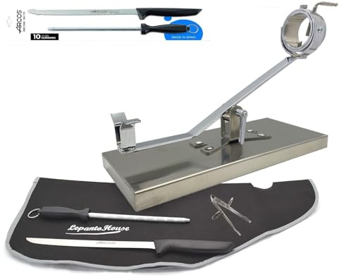 LepantoHouse Soporte Jamonero Future Basculante Giratorio Base Inoxidable para Jamones y Paletillas + Cuchillo Arcos Niza + CHAIRA + Cubre Jamon + Pinza (Inoxidable)