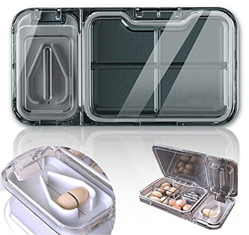 Pastillero con cortador de pastillas, Caja de pastillas con 4 compartimentos – tomas, Organizador medicación transparente portátil de bolsillo para bolso o mochila y viajes