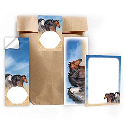 Junapack 12 Lesezeichen + 12 Mini-Notizblöcke + 12 Geschenktüten (Natur) + 12 Aufkleber DREI Pferde Mitgebsel Gastgeschenk beim Kindergeburtstag Mädchen
