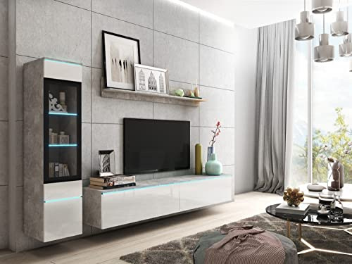 PIASKI Conjunto De Muebles De Salón Vera I con Vitrina, Mueble TV y Estantería, Tablero Laminado MDF, Iluminación LED Opcional, Hormigón/Blanco Brillo, con iluminación LED
