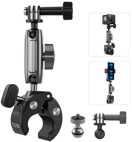 TELESIN Motorrad/Fahrrad Halterung für Action Kamera mit 360° Drehbare | Klemme für DJI Action 6/5/4 Pocket Insta360 GoPro Mission Hero 13-7, für 9-38mm Rohre mit 1/4 Adapter, Outdoor-Aufnahmen,