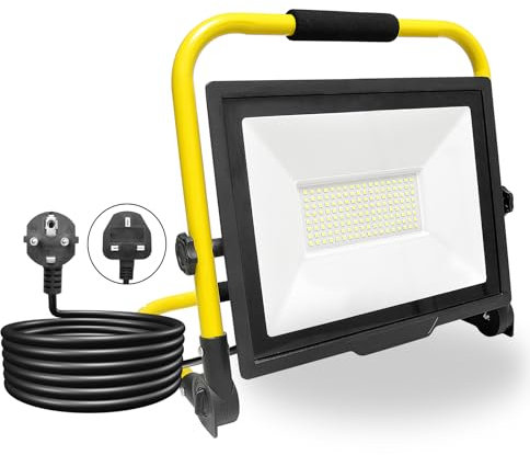 PICAA 100W Projecteur de Chantier LED avec Prise, 10000LM Lampe d'extérieur Pliable Portable Projecteur Led, Rotation à 360° Pour Travaux d'atelier, Garage, Terrasse, Jardin, Etanche IP66 6000K Blanc