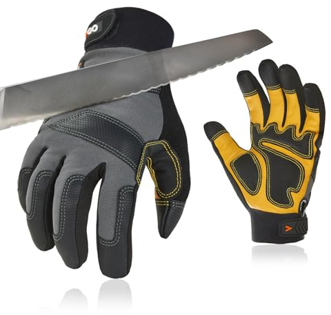 Vgo... Gants anti-coupure en HPPE, gants de travail en cuir de sécurité, gants de mécanicien, protection des mains, EN388 niveau C, ANSI niveau A3 (CA9777CT,10/XL,Gris,1Paire)