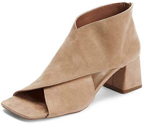 LEHOOR Women Chunky Heel Open Toe Booties Suede Side Cut-Out Ankle Boots Square Peep Toe 2 Inch Block Mid Heels Dress Heeled Sandal Booties Back Zipper Casual Sexy Street Suede Beige 9 M US