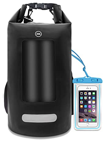 Bessiboog wasserdichte Tasche für Wassersport, 10L/20L/30L Dry Bag mit Handy Tasche, Wasserfester Rucksack, Leicht Wasserdichter Beutel Geeignet für SUP Kajak Angeln Schwimmen Camping (Schwarz, 20L)