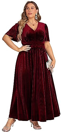 Simplee Women's V Neck Plus Size Velvet Maxi Dress Winter Short Sleeve Evening Party Long Formal Dress for Wedding Guest(3XL Burgundy)