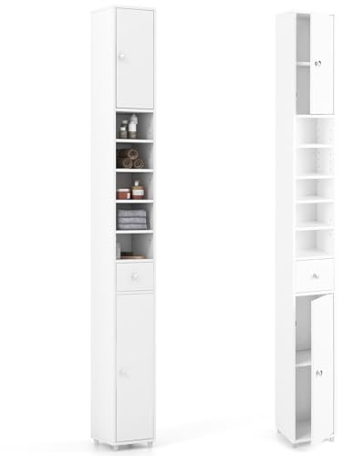 LIFEZEAL Armario Alto 180cm, Armario Alto de baño con 2 Puertas y 1 cajón, Mueble Auxiliar con 5 estantes Ajustables, Organizador para Espacio pequeño (Blanco)