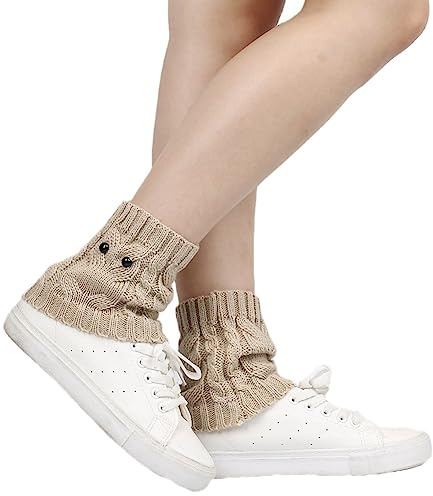 SHTGOI Damen Beinstulpen Knöchelwärmer Gestrickte BeinwäRmer Stulpen Kurz fußlose Beinsocken Winter Stricken Stulpen Eule Beinlinge Wolle BeinwäRmer Leg Warmers für Damen Mädchen 2 Paar Beige